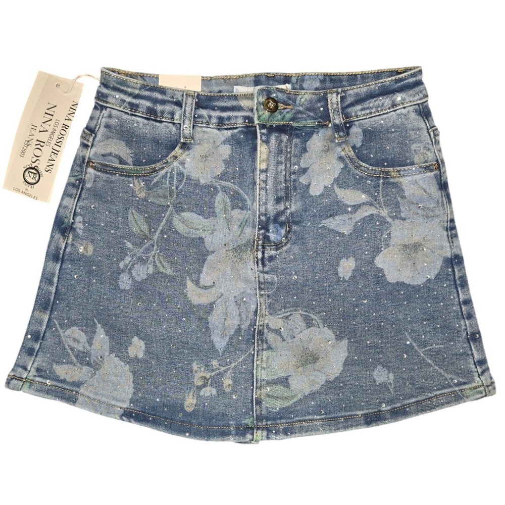 Nina Rossi Jeans Floral Rhinestone Denim Skort Blue Stretch Mini Skort Large
